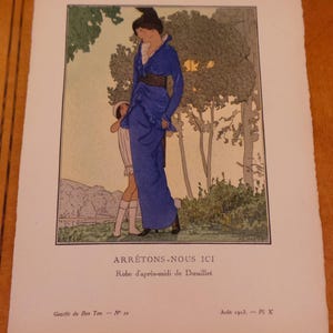 genuine A. E. Marty Art Deco Pochoir &quot;Arretons-Nous ICI&quot; # 10 Gazette du Bon Ton 1913 VG+