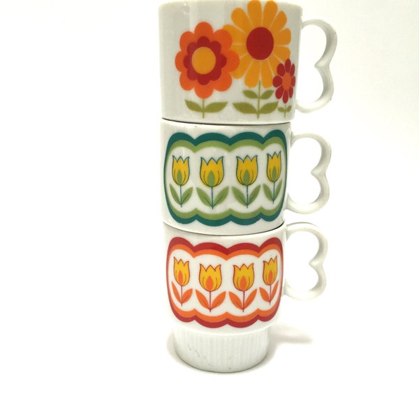 Vintage stacking flower power retro mugs - vintage '60s floral mugs