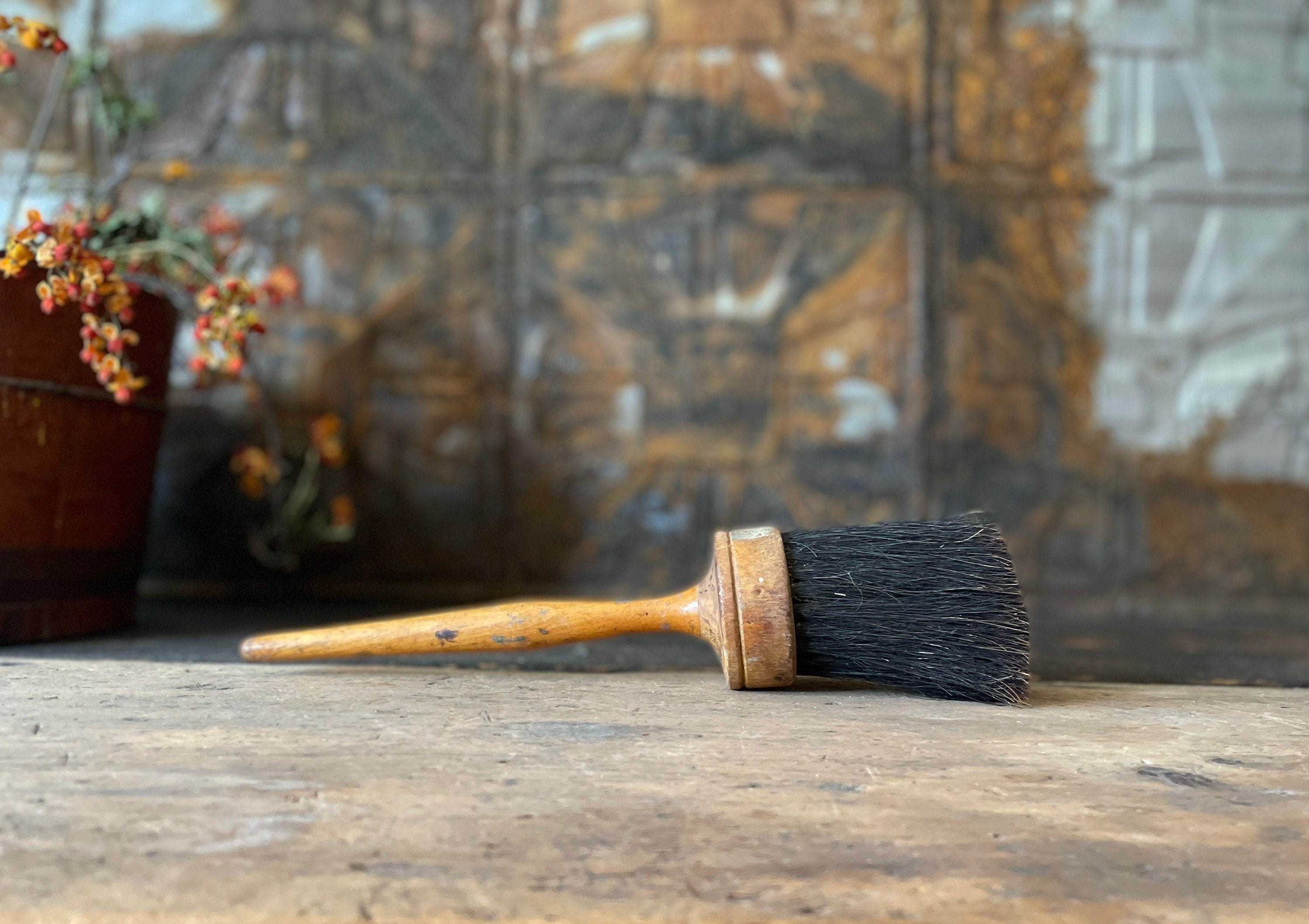 Vintage Large Paint Brush, Primitive 5” Wide, W/Wood Handle 2” Deep