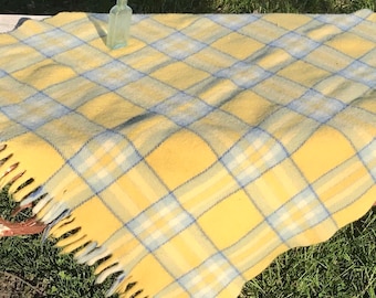 Vintage Yellow and Blue Wool Plaid Blanket with Fringe * Picnic Blanket * Wool Throw * Horner