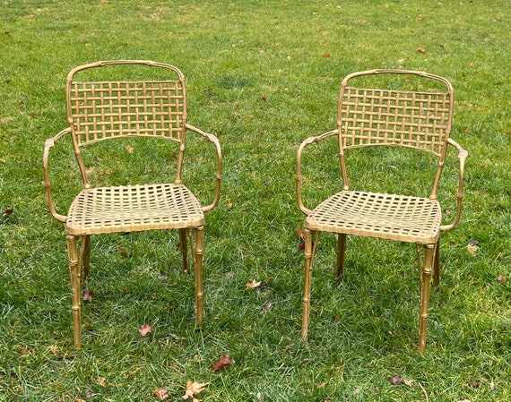 2 Mid Century Modern Metal Bamboo Patio Chairs - Vintage Metal Bamboo Patio Furniture 2 Mid Century Modern Metal Bamboo Patio Chairs - Vintage Metal Bamboo Patio Furniture