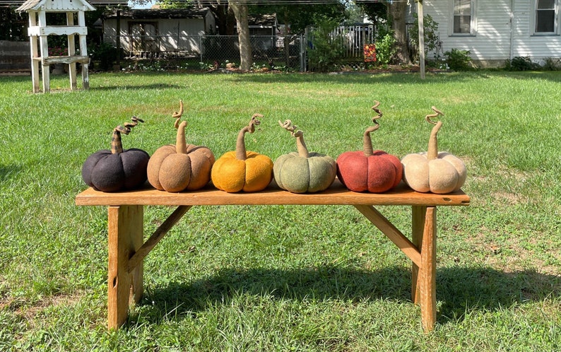 Op de afbeelding: Zes vilten pompoenen in verschillende kleuren, waaronder zwart, bruin, geel, groen, rood en beige, zijn gerangschikt op een houten bank. De pompoenen zijn allemaal ongeveer even groot en hebben een rustieke, handgemaakte uitstraling.