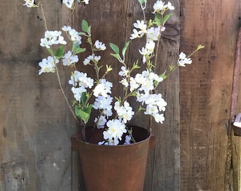 White Flowers in Rusty Meal Bucket - Primitive Farmhouse Floral Arrangement