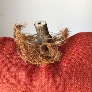 May include: A red fabric pumpkin with a twig stem and brown twine wrapped around the stem.