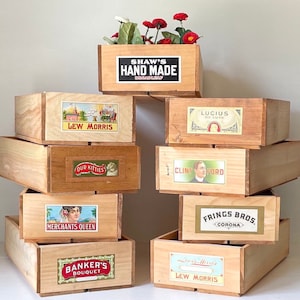 Small Wooden Crate Box Storage Organizing Box with Vintage Paper Label