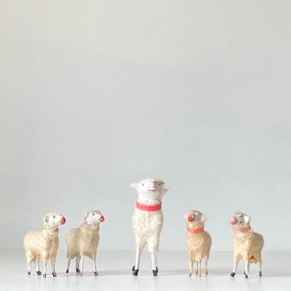 5 German Putz Sheep Antique Vintage Primitive Nativity