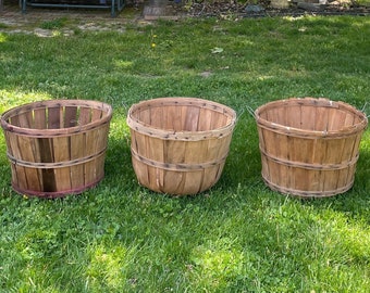 3 Vintage Bushel Baskets Wood Slat Orchard Fruit Basket