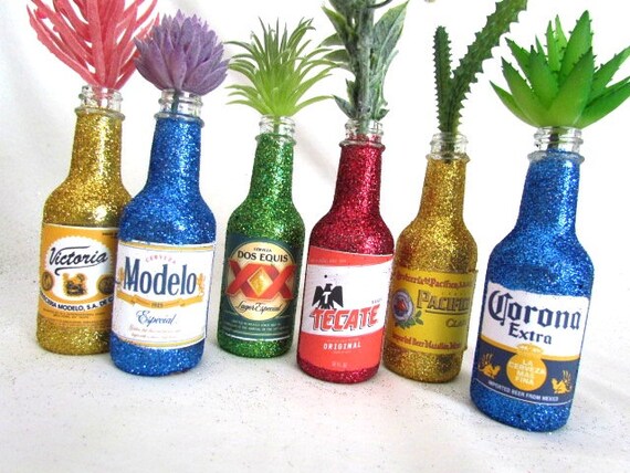 Party Decorations Set Of 6 Mexican Beer Glittered Bottles Etsy