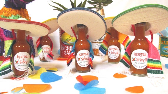 Hot sauce wedding favors Keeping it Spicy Mexican Sombrero and Sarape, Engagement Rehearsal Table Decorations set of 12 Personalized gifts Il_570xn