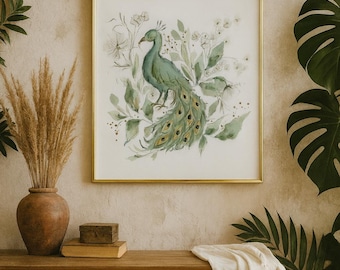 Impressão artística de pavão em aquarela: decoração de parede com pássaro botânico vintage
