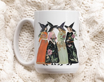 Taza de café con brujas en acuarela - Taza de cerámica caprichosa de Halloween (15 oz)