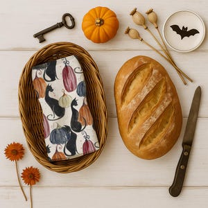 Black Cat and Pumpkin Tea Towel: Halloween Cotton Kitchen Decor