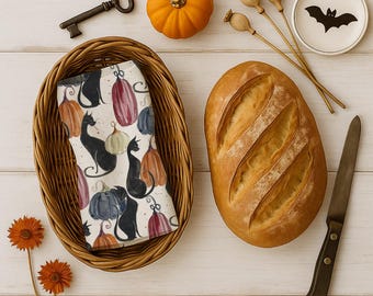Black Cat and Pumpkin Tea Towel: Halloween Cotton Kitchen Decor