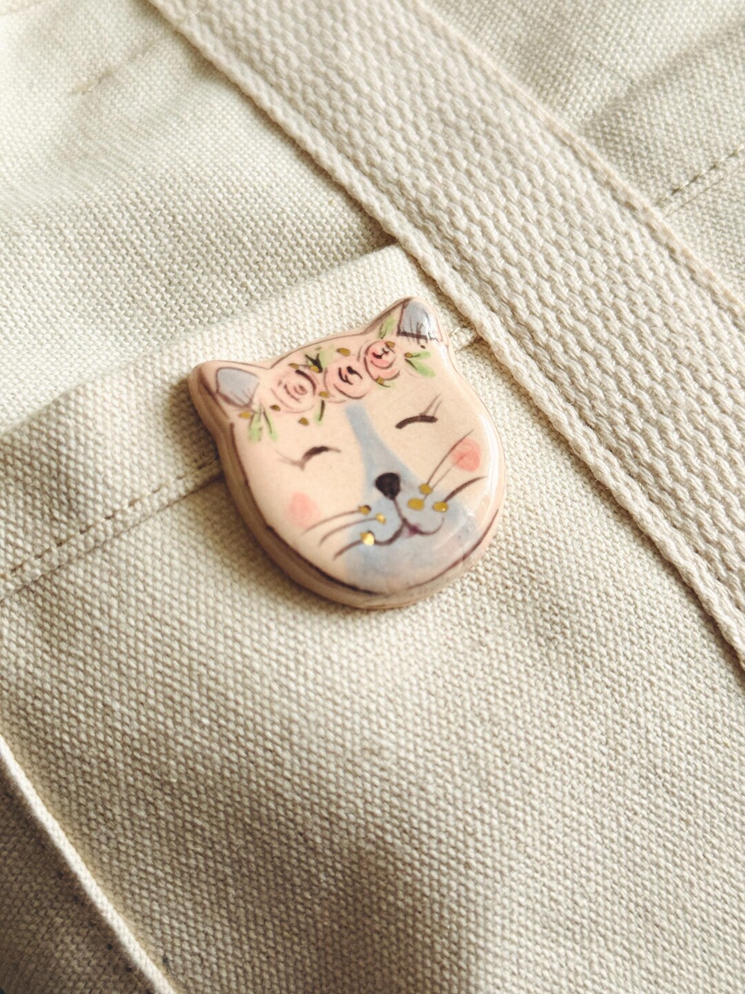Handmade Ceramic Cat Pin, Hand Painted Kitty Brooch, Floral Cat Lapel ...