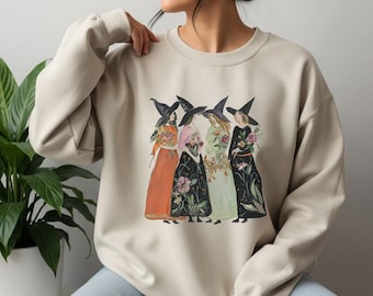 Botanisch heks-sweater – 4 heksen illustratie ronde hals – gezellige heksentrui – Cottagecore Halloween-sweater cadeau