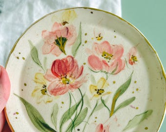 Hand Painted Floral Ceramic Plate –  Small Serving or Jewelry Plate