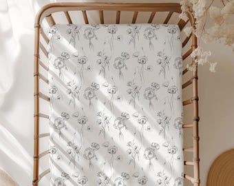 Floral Crib Sheet: Hand-Painted Poppies, Minimalist Nursery Bedding
