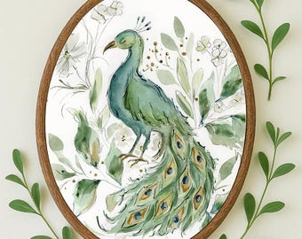 Quadro decorativo de pavão para parede – Elegante impressão em aquarela de pássaro, decoração botânica.