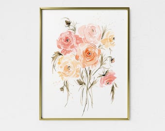 Impressão Giclée de Buquê de Ranúnculo: Arte de Parede em Aquarela Botânica Vintage