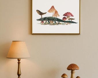 Whimsical Alligator Wall Art Print – Watercolor Botanical Cottagecore Giclée