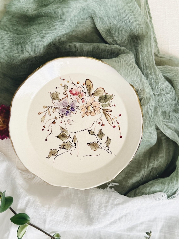 Hand Painted Floral Ceramic Plate – Botanical Wall Art Dish, Gold Luster