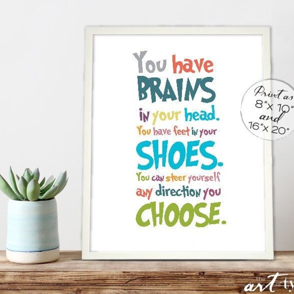 Homeschool  Wall Art Brains in your Head Feet in Your Shoes Kids Print INSTANT DOWNLOAD 8x10, 16x20 Printable Gender Neutral Kids Playroom