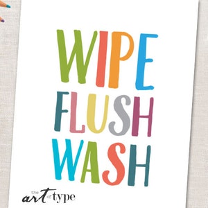 Kids Bathroom Print, Wipe Flush Wash INSTANT DOWNLOAD 8x10 Printable ...