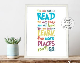 Kids Reading Printable More You Read More Places You'll Go Printable INSTANT DOWNLOAD 8x10, 16x20 Print Quotes Children Art Homeschool Multi