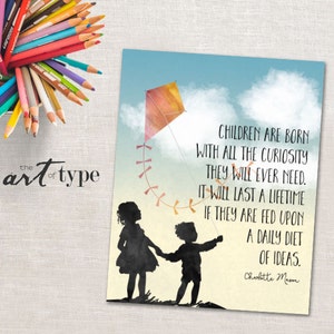 Charlotte Mason Quote Print Born with Curiosity INSTANT DOWNLOAD Printable Nursery Playroom Watercolor Naturalist Homeschool Art Silhouette