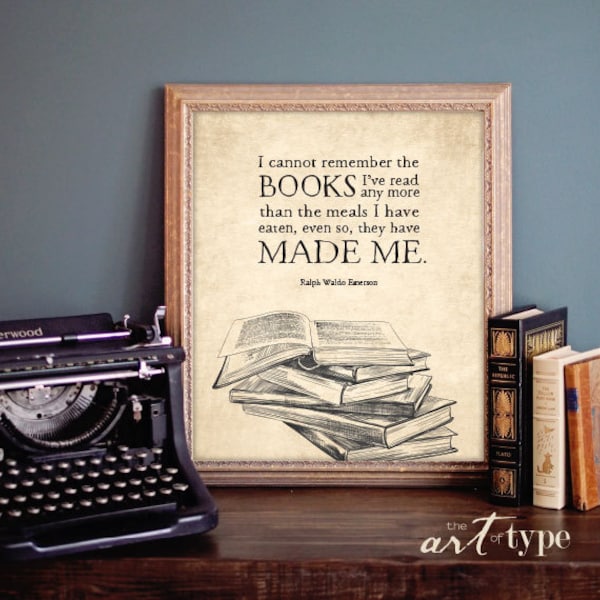 Impressão de citação de bibliófilo vintage, citação de Emerson, download instantâneo 8x10 para impressão, arte de parede para leitura, presente para amantes de livros, leitor ávido, ilustração