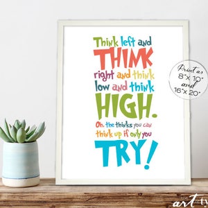 Kinder denken Zitat Think Links Rechts Think High Low INSTANT DOWNLOAD 8x10, 16x20 Gender Neutral Poster Druck Kunst Regenbogen Klassenzimmer Homeschool