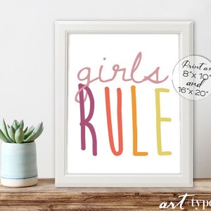 Impresión de cita "Girls Rule Playroom" DESCARGA INSTANTÁNEA 8x10, 16x20 Arte de pared para niños imprimible, arcoíris, impresiones de decoración de habitación de niñas, póster infantil DIY