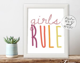Girls Rule Playroom Print Quote INSTANT DOWNLOAD 8x10, 16x20 Printable Kids Wall Art, Rainbow, Girls Room Decor Prints, Childrens Poster DIY