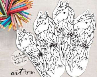 Horse Valentine Bookmark Craft Coloring Summer Reading Stocking Stuffer PRINTABLE Book Club Homeschool Birthday Party INSTANT DOWNLOAD