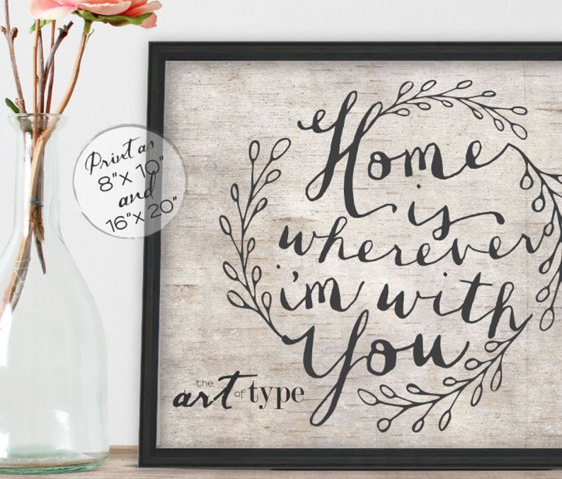 Home Is Wherever I'm With You Print Poster INSTANT DOWNLOAD 8x10, 16x20 Printable Wedding Family Quote Home Decor, Song Lyrics, Calligraphy image 3