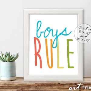 Boys Rule Playroom Print Poster INSTANT DOWNLOAD 8x10, 16x20 Printable Kids Wall Art, Rainbow, Boy Prints, Childrens Quotes, Boys Room, DIY
