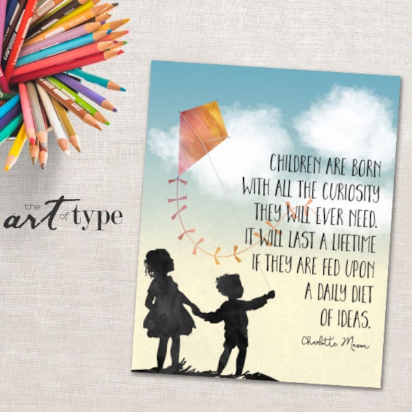 Impresión con cita de Charlotte Mason "Nacido con curiosidad" DESCARGA INSTANTÁNEA Silueta imprimible Acuarela Waldorf Sala de juegos de educación en el hogar Arte naturalista
