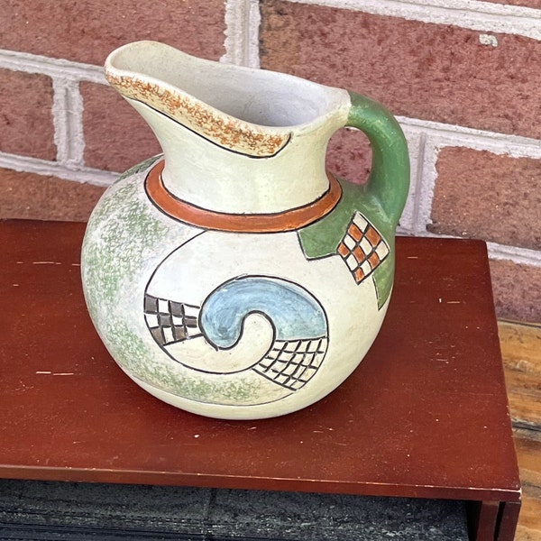 Mexican Pottery Pitcher Soft Blue Green Tan