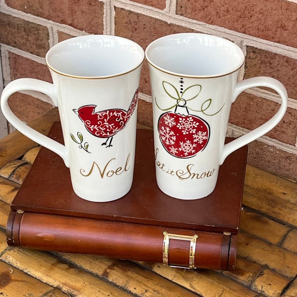 Pair 222 Fifth NATALA Tall Coffee Mug Christmas  Latte Mug Holiday Tidings