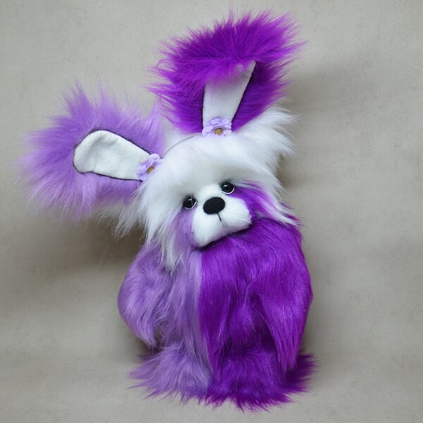 Laly bear with removable rabbit ears collectible 30cm (11.8") faux fur OOAK plush textile sculpture UNIQUE PIECE