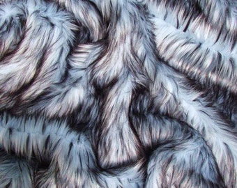 Tissu fausse fourrure à poils longs bleu glacier à pointes noires qualité de luxe fourniture créative différentes tailles par 10cm x 150cm