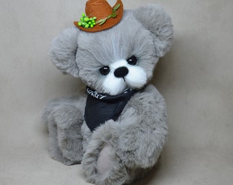 Bandit-Teddybär zum Sammeln, 30 cm (11,8 Zoll), Bärendekoration, Kunstfell, OOAK-Plüschtextilskulptur, EINZIGARTIGES STÜCK