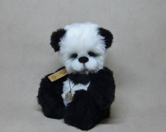 Lee May ours panda en peluche de collection 19cm (7.4") ours décoration fausse fourrure OOAK peluche sculpture textile PIECE UNIQUE