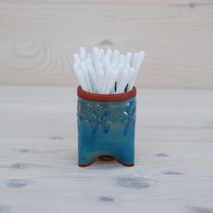 Bathroom storage, Q-tip holder, Small ceramic container, Toothpick Holder, Turquoise container, bathroom decor, Kitchen accessories