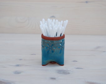 Bathroom storage, Q-tip holder, Small ceramic container, Toothpick Holder, Turquoise container, bathroom decor, Kitchen accessories