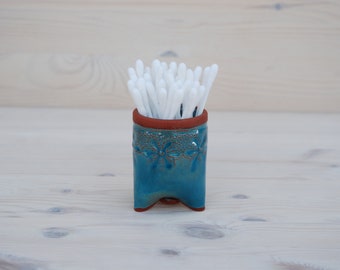 Turquoise Ceramic Q-tip Holder, Terracotta Bathroom Storage