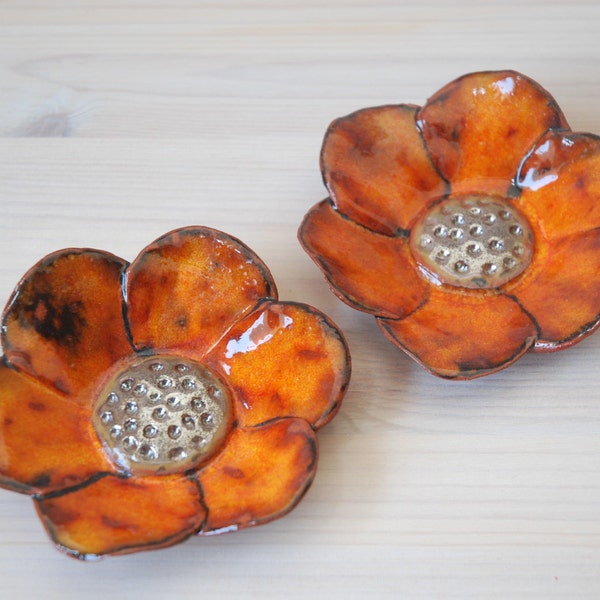 Ceramic flower, Pair, Orange, Wall hanging.