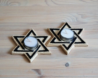 Ceramic Candles Holder, Blue and White, Star of David Shape.