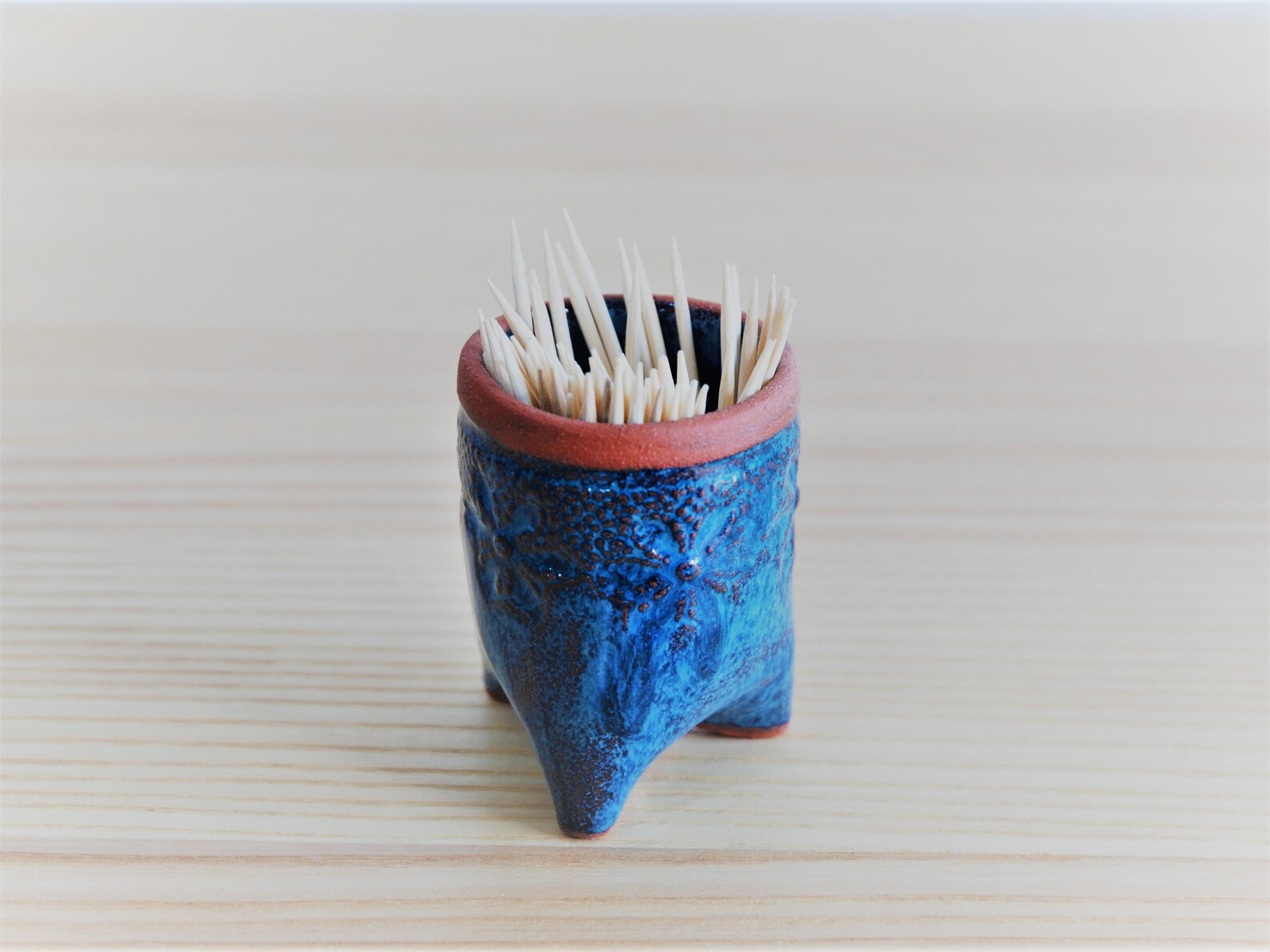 Blue Qtip Holder, Small Ceramic Bathroom Container, Blue Toothpick Holder, Bathroom Decor