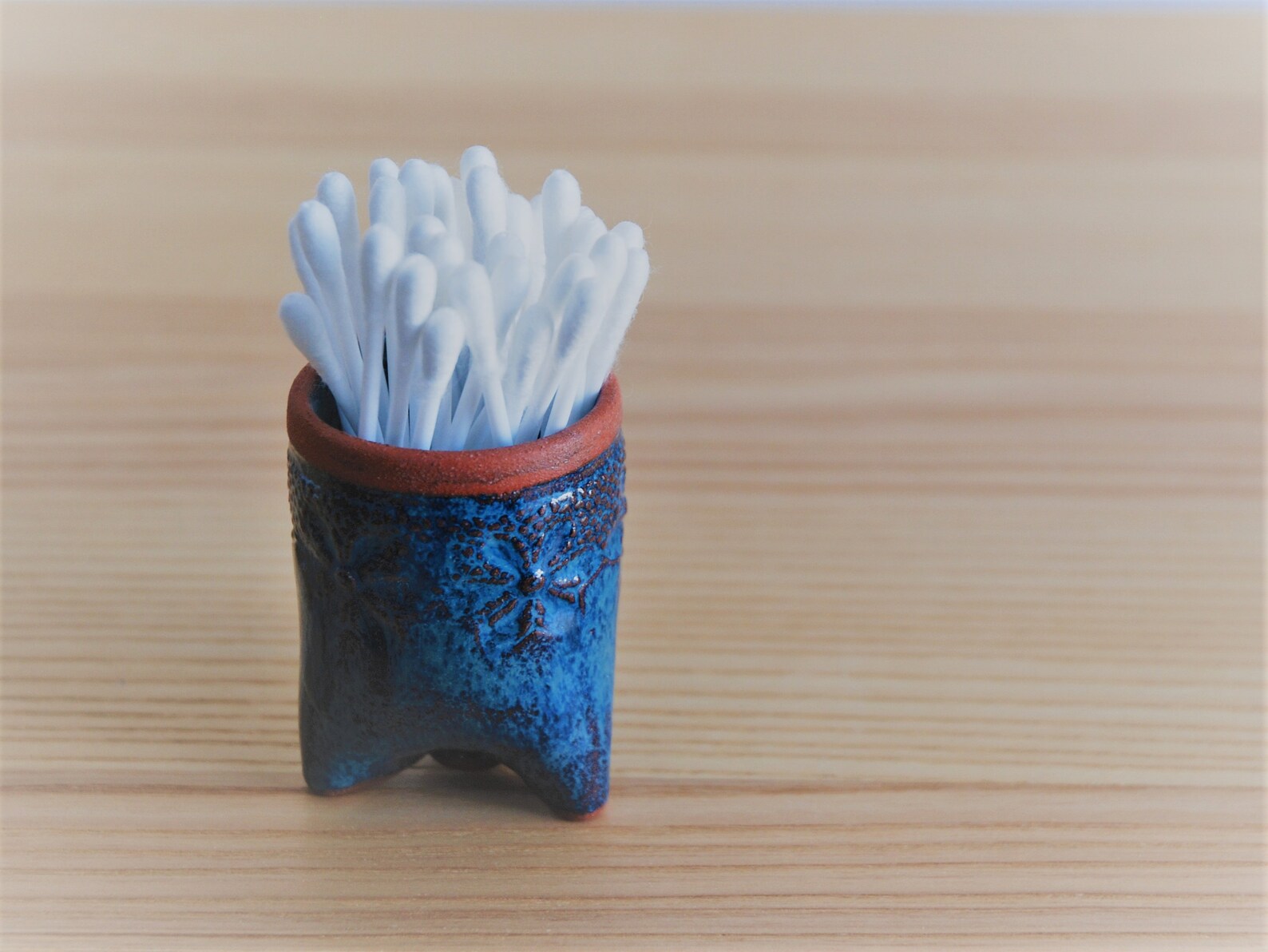 Blue Qtip Holder, Small Ceramic Bathroom Container, Blue Toothpick Holder, Bathroom Decor